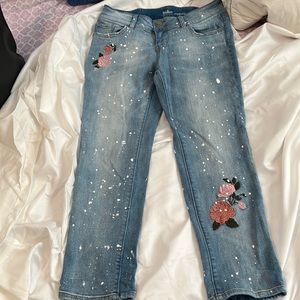 Capri Jeans Light Blue Denium Splattered with Pink Roses On leg And By Pocket